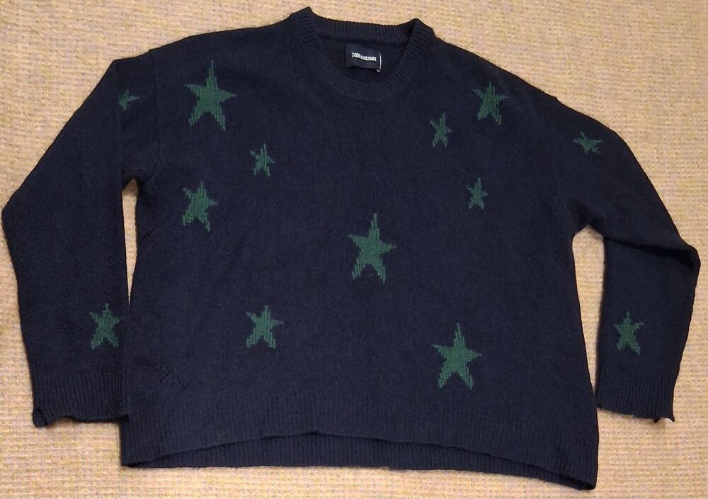 Zadig & voltaire womens large 100% cashmere sweater premium stars blue green